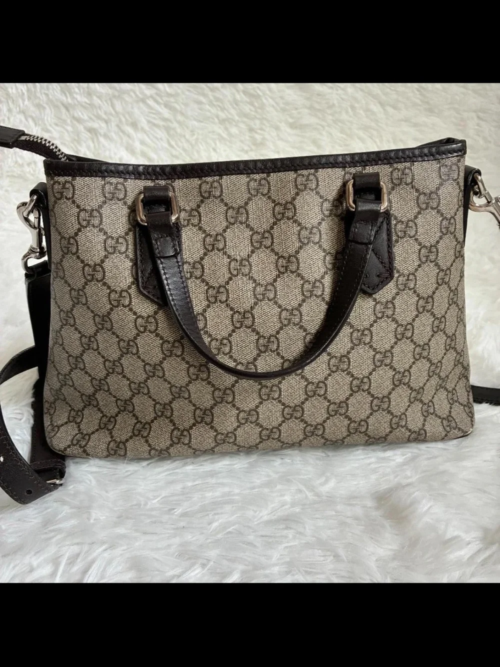 Gucci Beige & Brown GG Canvas Satchel with Leather Trim